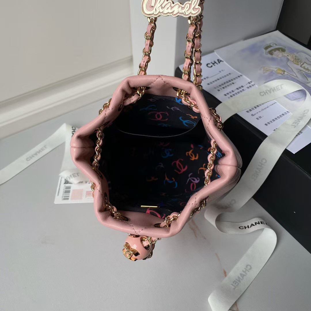 Replicate Chanel 24S AS4810 Medium CC Drawstring Backpack Shiny Lambskin Light Gold Hardware Pink(1:1 replica)