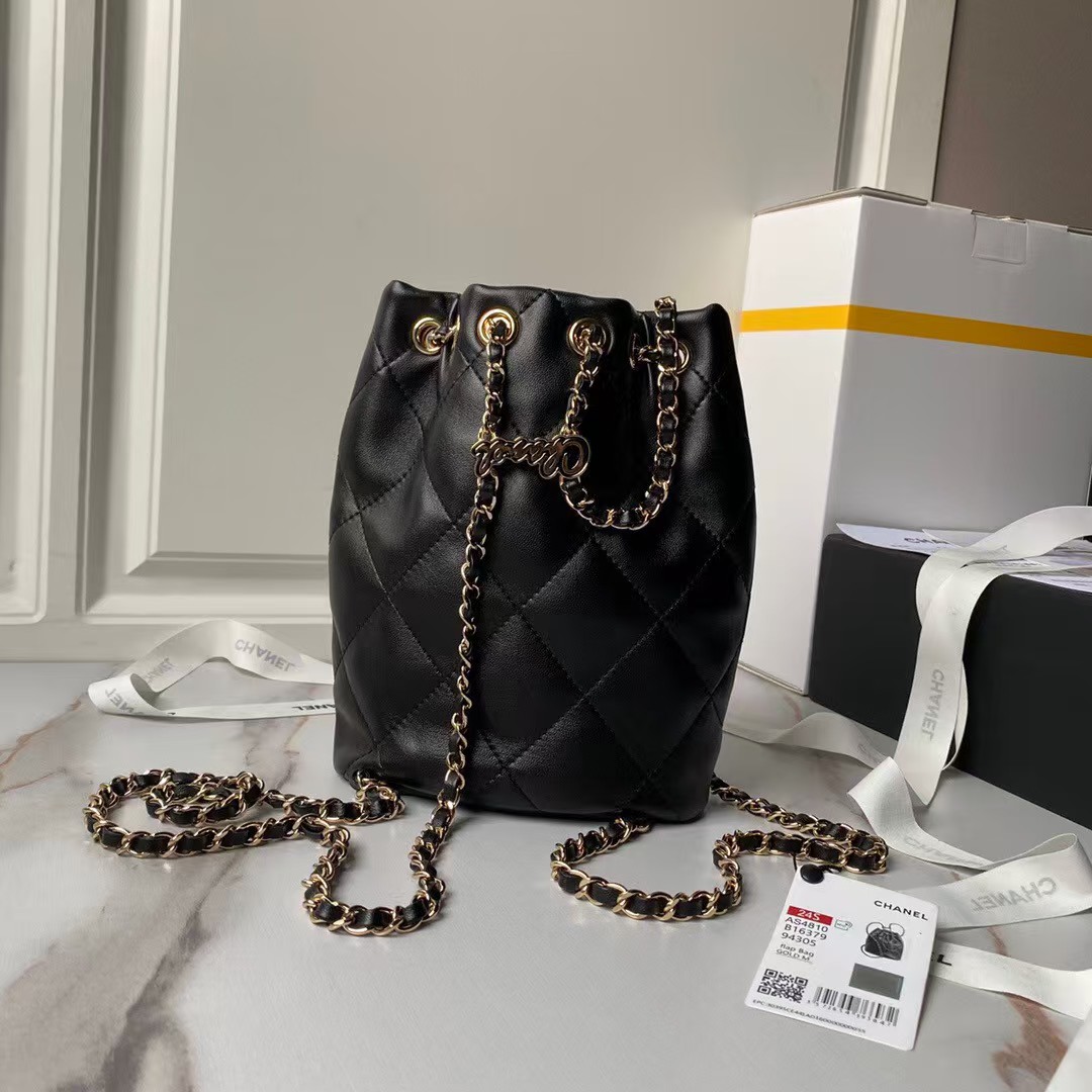 Replicate Chanel 24S AS4810 Medium CC Drawstring Backpack Shiny Lambskin Light Gold Hardware Black(1:1 replica)