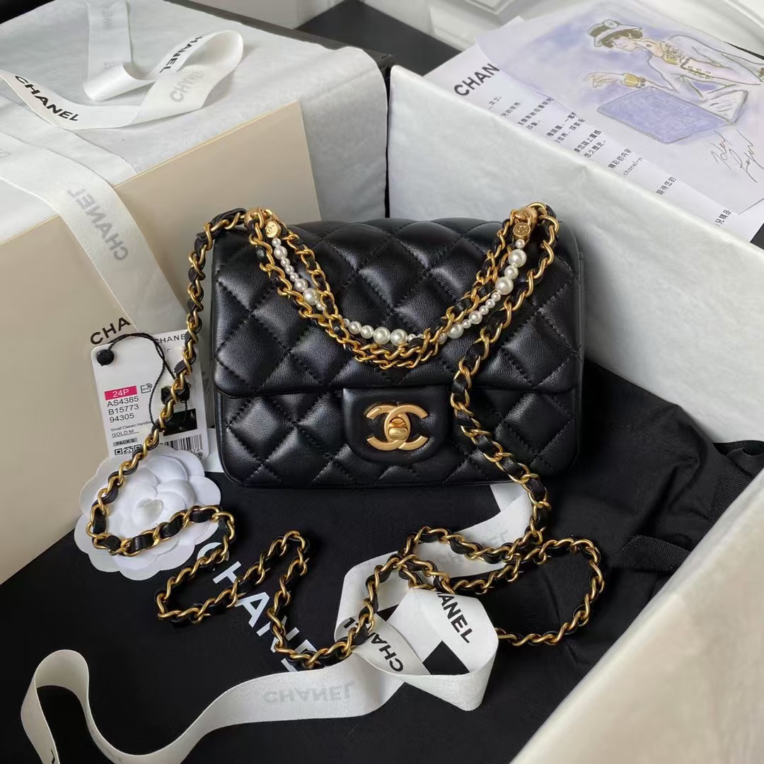 Replicate Chanel AS4385 Mini Flap Bag Pearl Lambskin Faux Pearl   Gold Metal Black(1:1 replica)