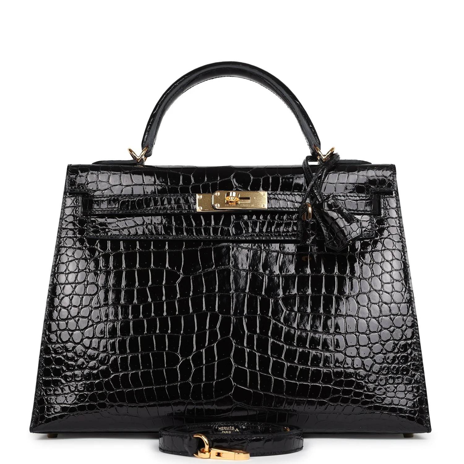 Replicate Hermes Kelly Sellier 32 Black Shiny Porosus Crocodile Gold Hardware(1:1 replica)