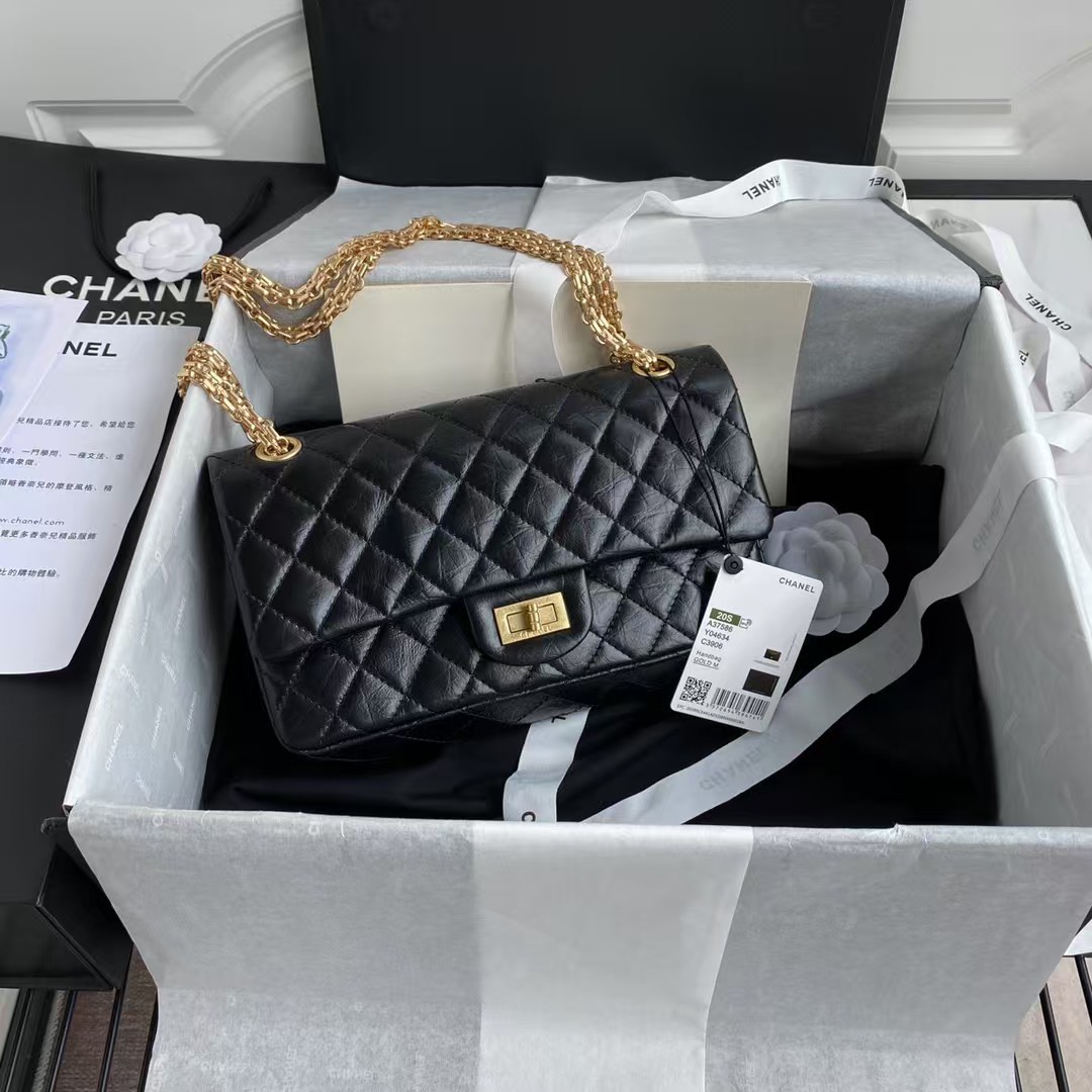 Replicate Chanel 23A Classic Medium 2.55 Flap Bag Black Distressed Calfskin Gold Hardware(1:1 replica)