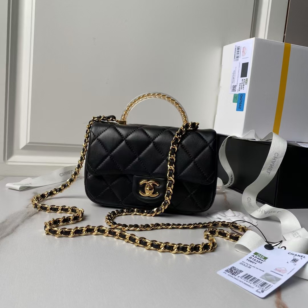 Replicate Chanel AS4847 Mini Flap Bag With Top Handle Lambskin Resin Black(1:1 replica)