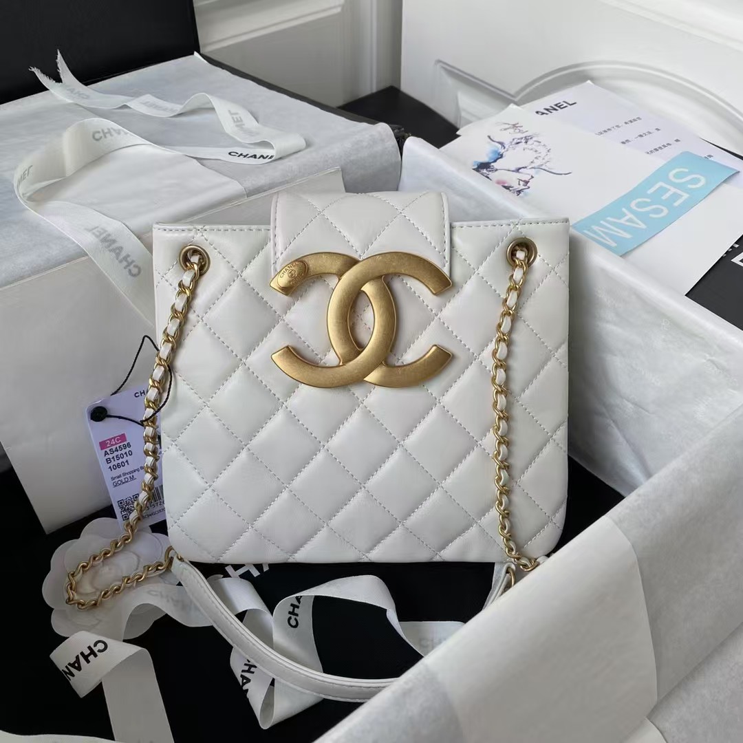 Replicate Chanel 24C AS4596 Vintage Logo Quilted Lambskin Shoulder Bag White(1:1 replica)