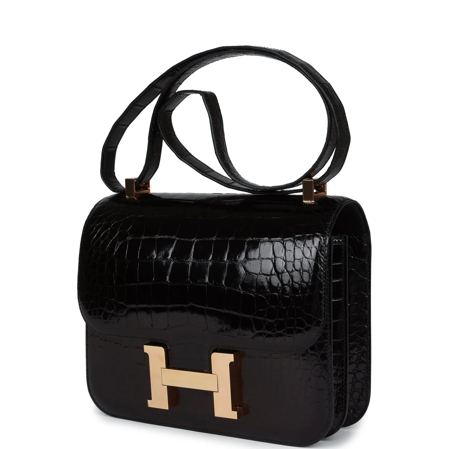 Replicate Hermes Constance 24 Black Shiny Alligator Rose Gold Hardware(1:1 replica)