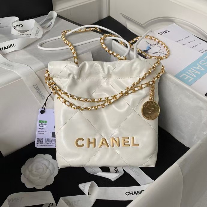 Replicate Chanel 22 AS3980 Mini Tote Shiny Calfskin   Gold-Tone Metal White(1:1 replica)