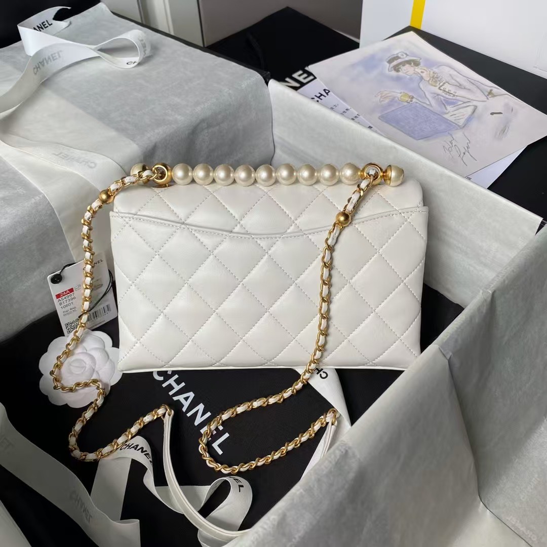 Replicate Chanel AS4997 Flap Bag Top Handle Shiny Lambskin Imitation Pearl   Gold Metal White(1:1 replica)