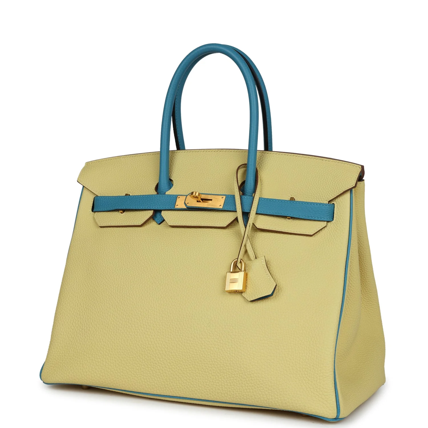 Replicate Hermes Special Order (HSS) Birkin 35 Jaune Poussin and Bleu Paradise Togo Brushed Gold Hardware(1:1 replica)