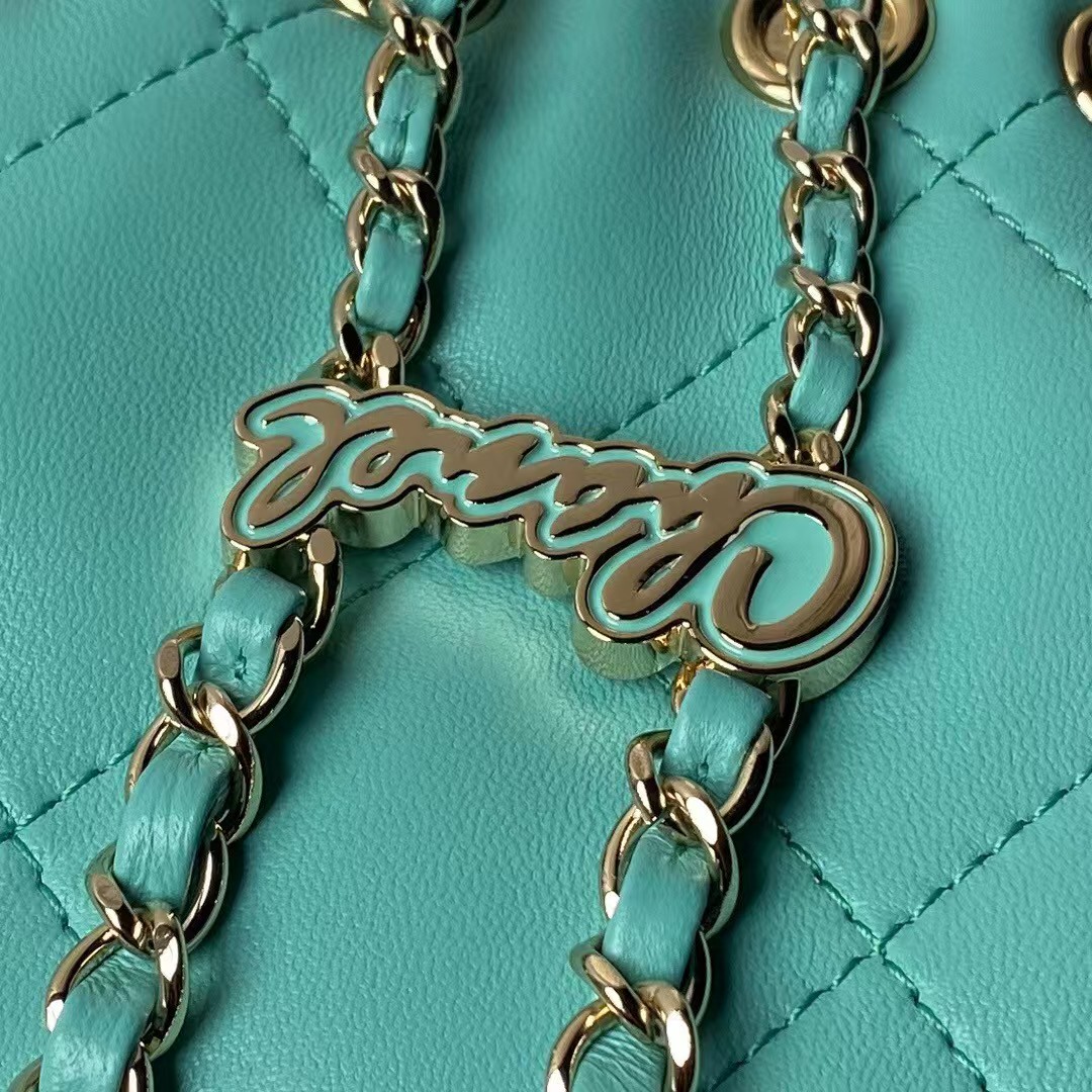 Replicate Chanel 24S AS4810 Medium CC Drawstring Backpack Shiny Lambskin Light Gold Hardware Green(1:1 replica)