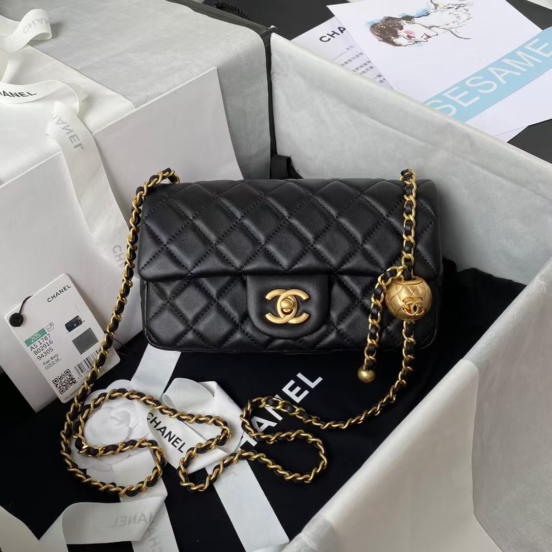 Replicate Chanel 23K AS1787 Mini Pearl Embossed Rectangular Flap Bag Lambskin Brushed Metal Hardware Black(1:1 replica)