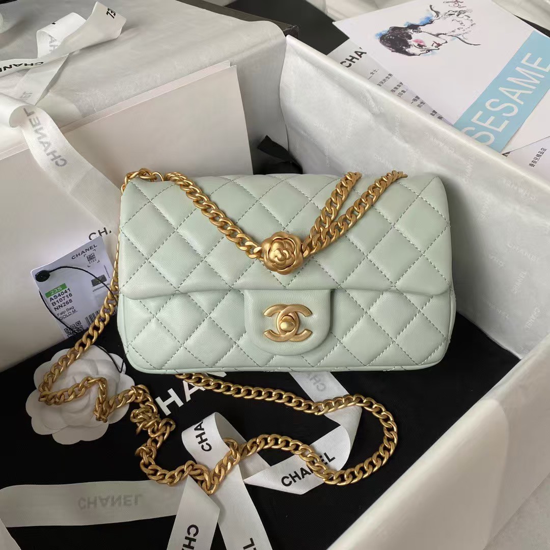 Replicate Chanel 23S AS4041 Mini Camellia Embossed Rectangular Flap Bag Antique Gold Hardware Light Green(1:1 replica)