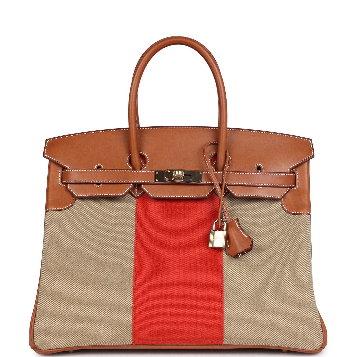 Replicate Hermes Birkin 35 Flag Ficelle and Paprika Toile H and Fauve Barenia Permabrass Hardware(1:1 replica)