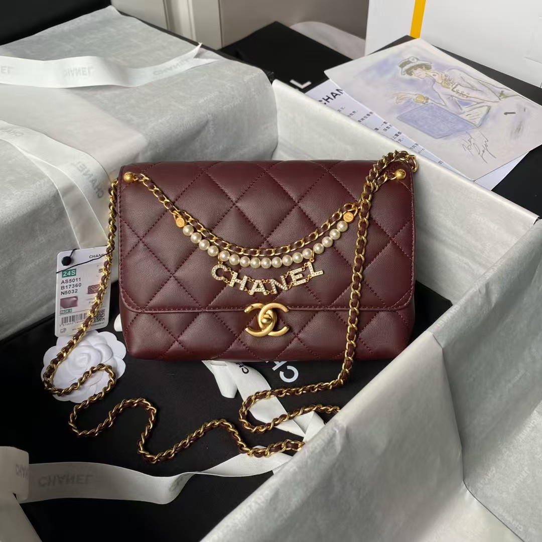 Replicate Chanel AS5011 Flap bag Shiny Lambskin Imitation Pearls   Gold-Tone Metal Wine Red(1:1 replica)