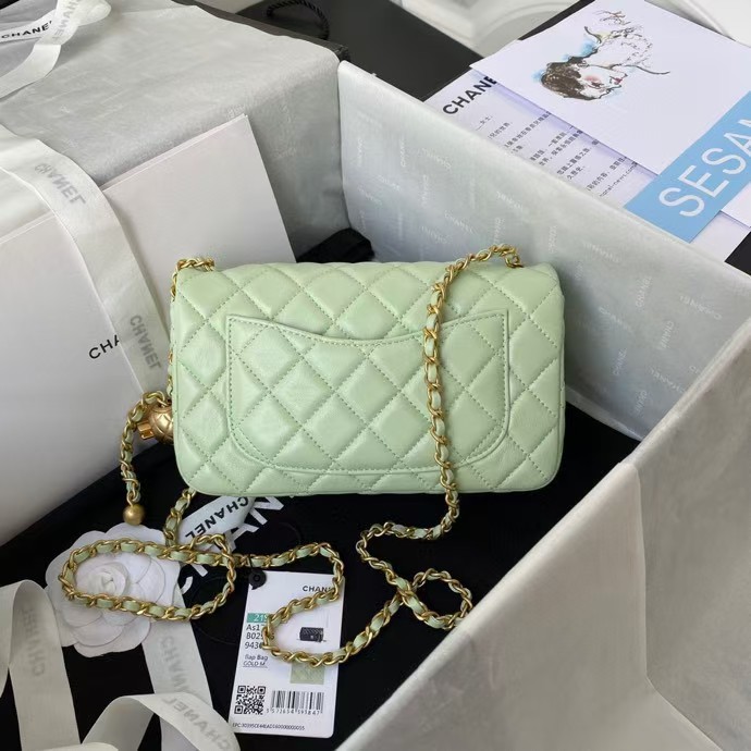 Replicate Chanel 23K AS1787 Mini Pearl Embossed Rectangular Flap Bag Lambskin Brushed Metal Hardware Light Green(1:1 replica)