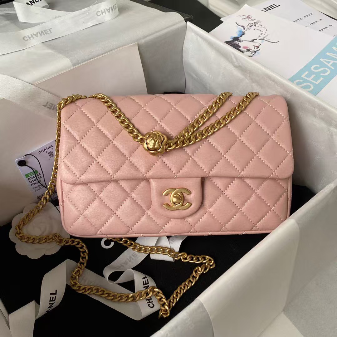 Replicate Chanel 23S AS4064 Camellia Embossed Chain Lambskin Flap Bag Light Pink(1:1 replica)