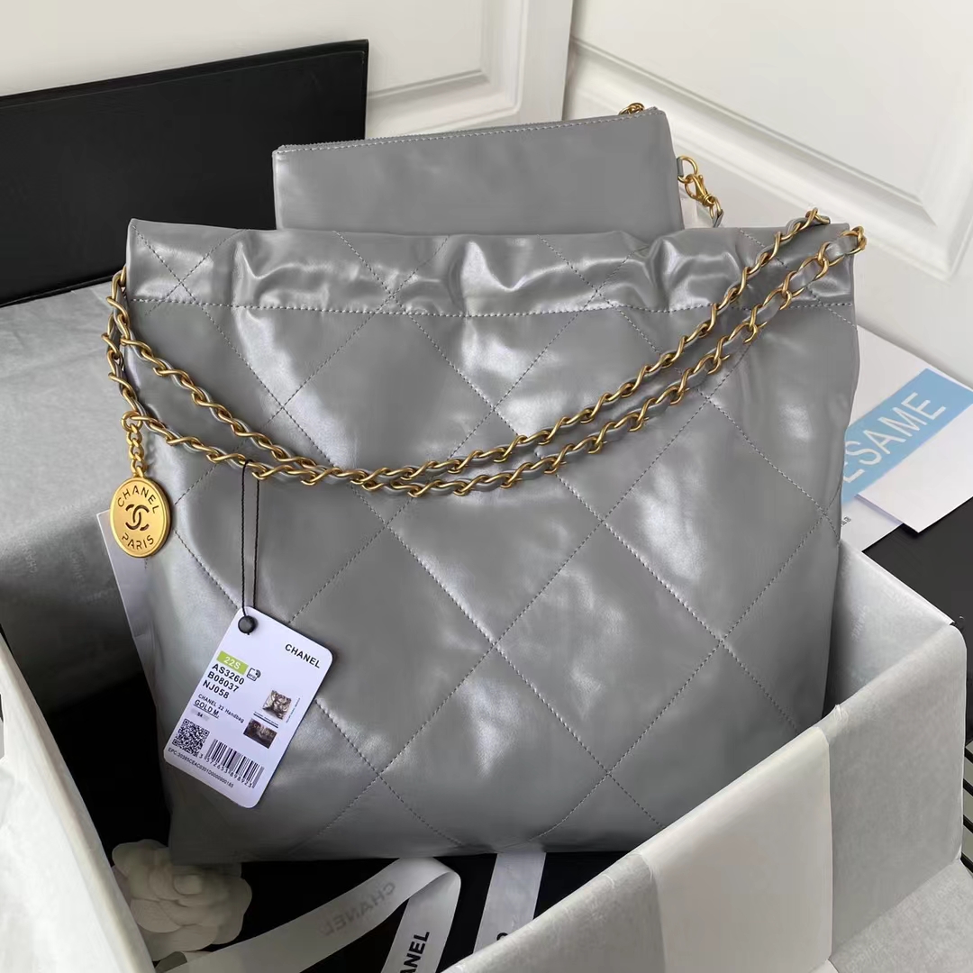 Replicate Chanel 22 AS3260 Small Bag Grey Calfskin Gold Hardware(1:1 replica)