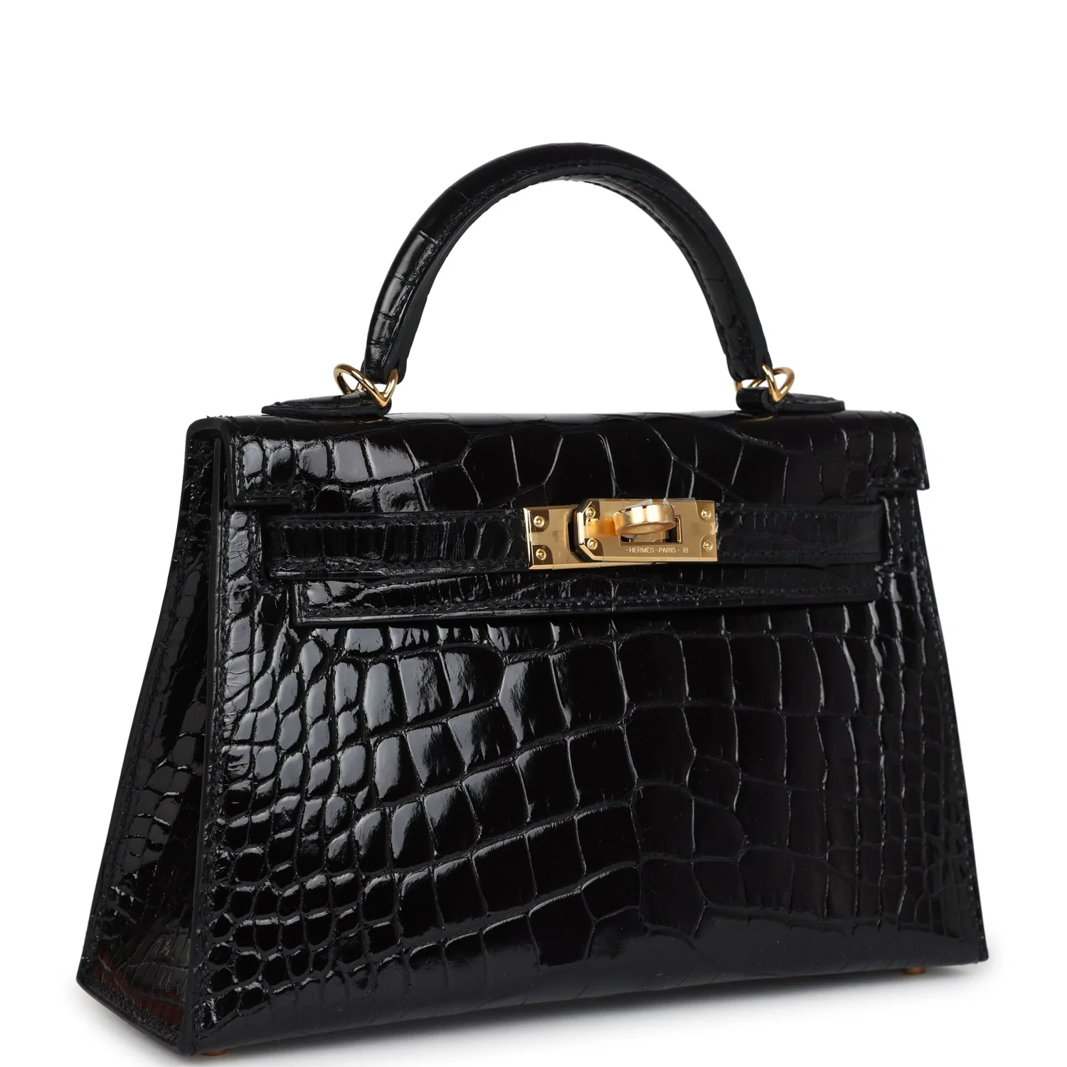 Replicate Hermes Kelly Sellier 20 Black Shiny Alligator Gold Hardware(1:1 replica)