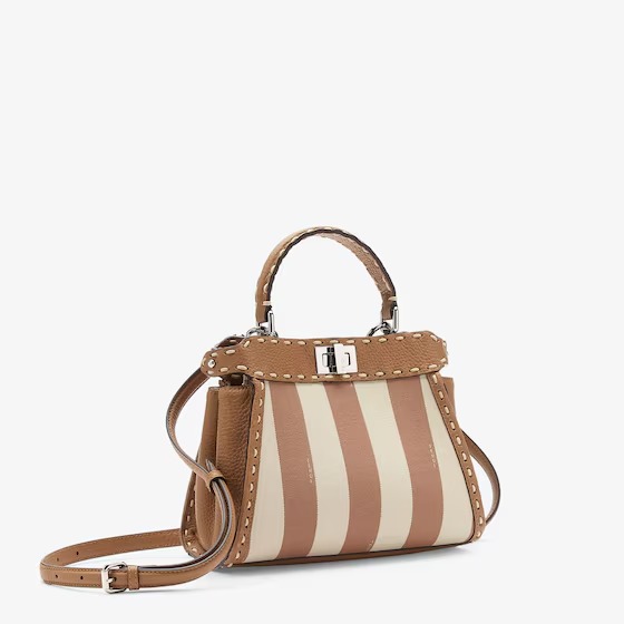 Replicate Fendi Peekaboo Mini Selleria and beige Pequin stripe fabric bag with 336 hand-sewn topstitches(1:1 replica)