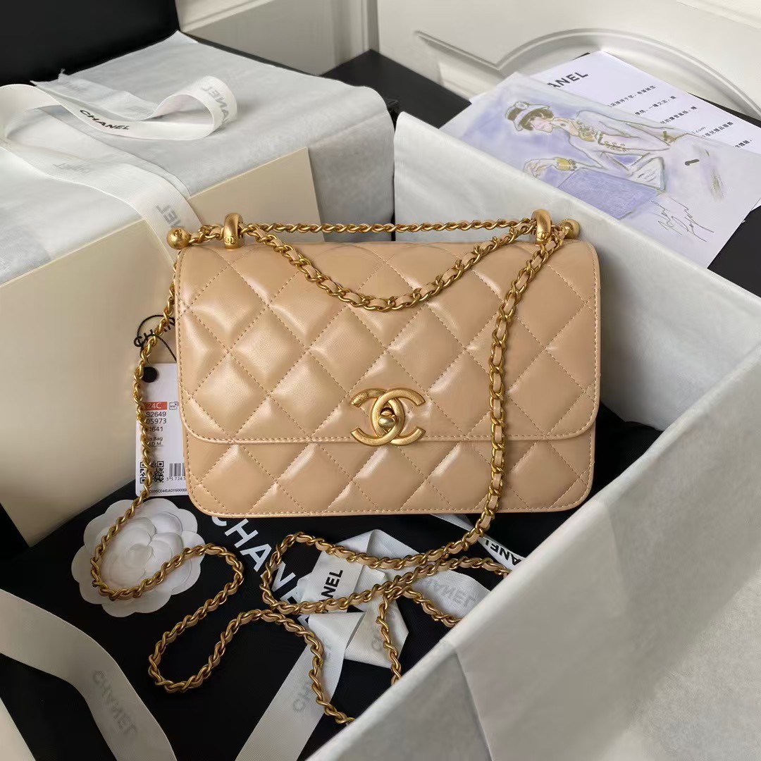 Replicate Chanel AS2649 Chain Bag With Gold Charm Small Vintage Calfskin Bag Beige(1:1 replica)