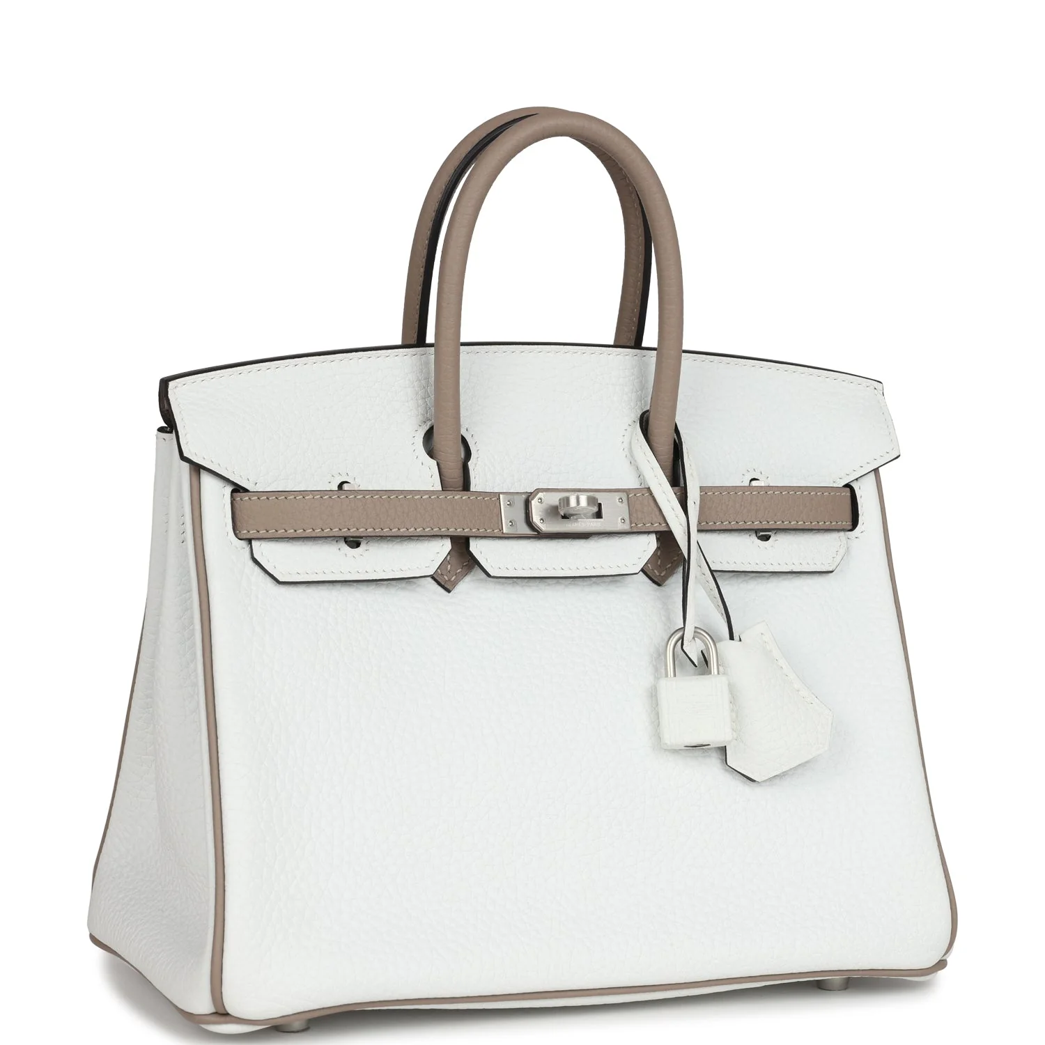 Replicate Hermes Special Order (HSS) Birkin 25 White and Etoupe Clemence Brushed Palladium Hardware(1:1 replica)