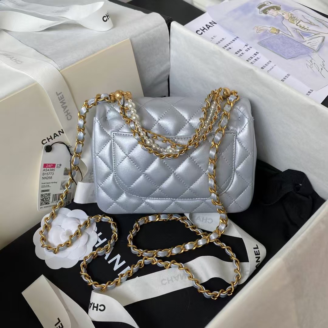 Replicate Chanel AS4385 Mini Flap Bag Pearl Lambskin Faux Pearl   Gold Metal Grey(1:1 replica)