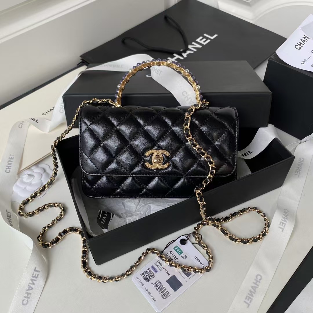 Replicate Chanel 24P AP3803 Shiny Crinkled Lambskin Chain Clutch Pearl Handle Black(1:1 replica)