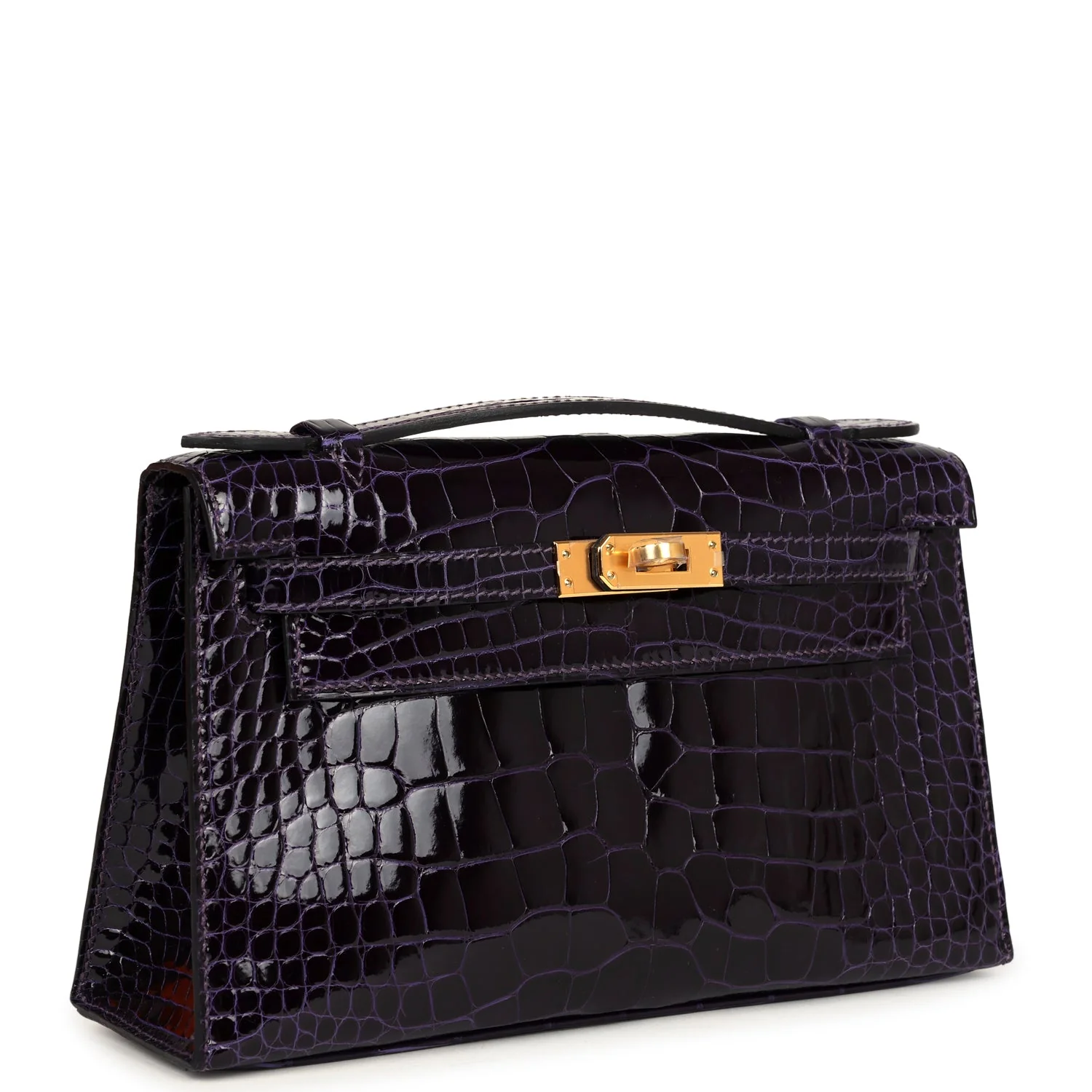 Replicate Hermes Kelly Pochette Amethyst Shiny Alligator Gold Hardware(1:1 replica)