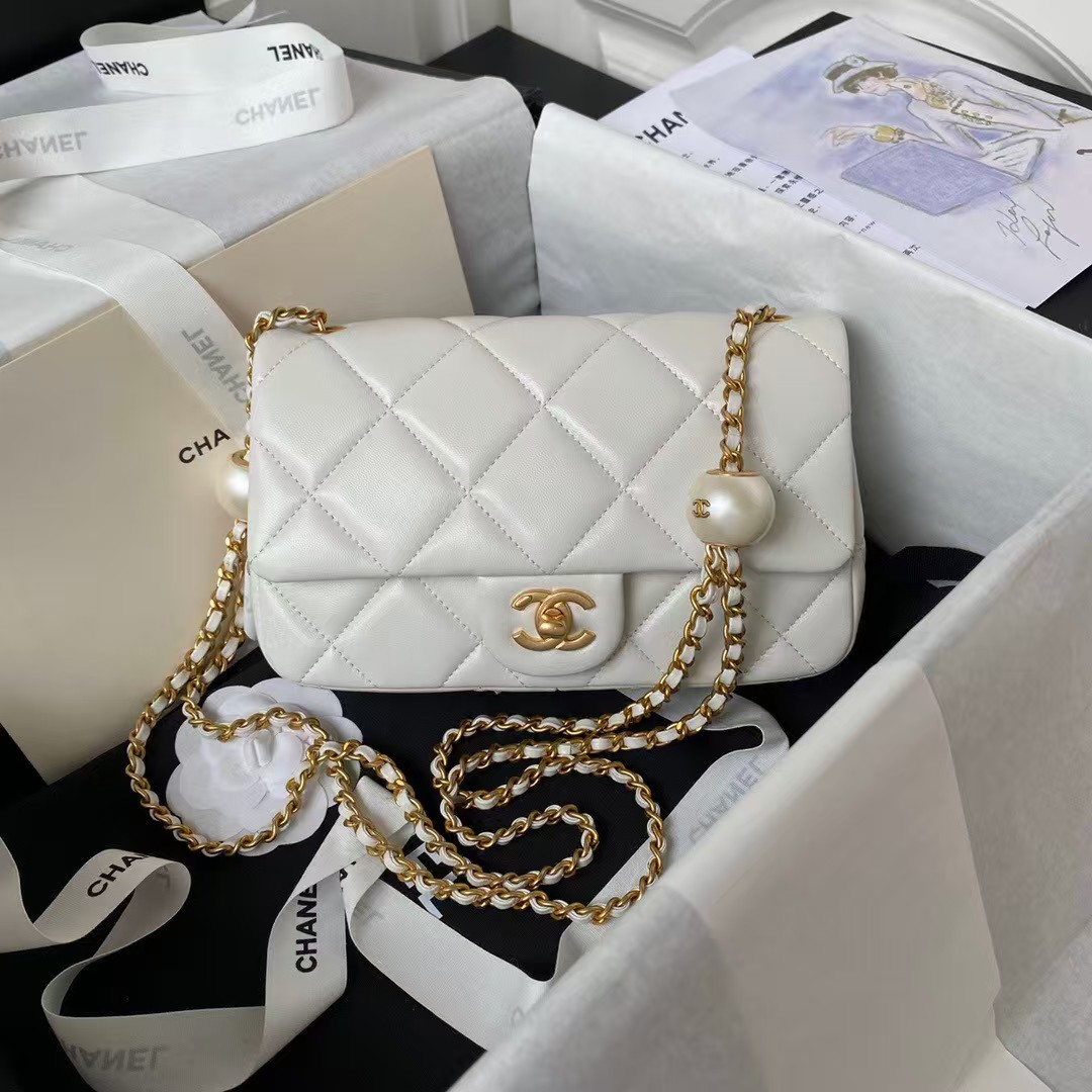 Replicate Chanel AS4861 Small Flap Bag Pearl Lambskin Faux Pearl   Gold Metal White(1:1 replica)