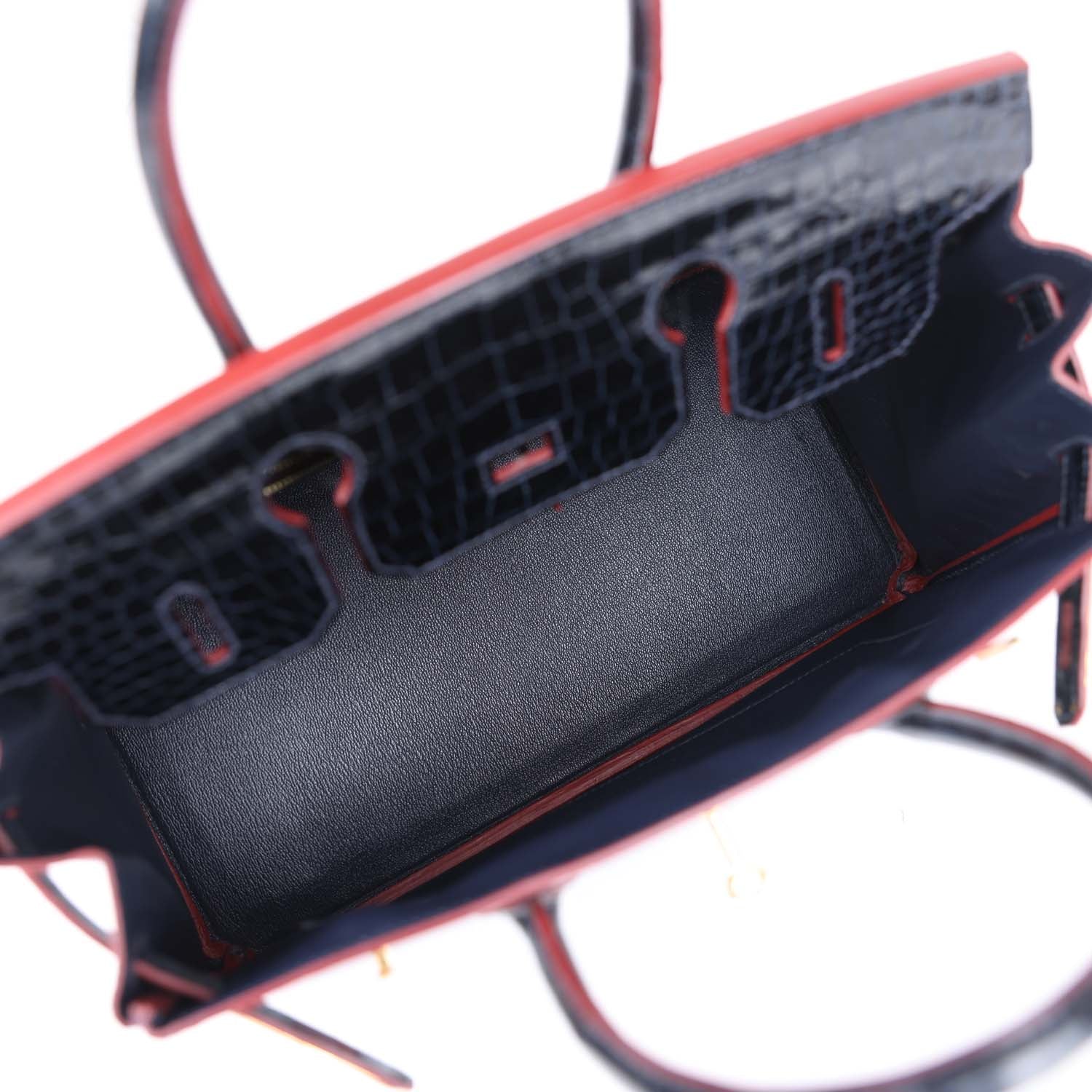 Replicate Hermes Birkin 30 Bleu Marine and Rouge H Contour Shiny Porosus Crocodile Gold Hardware(1:1 replica)