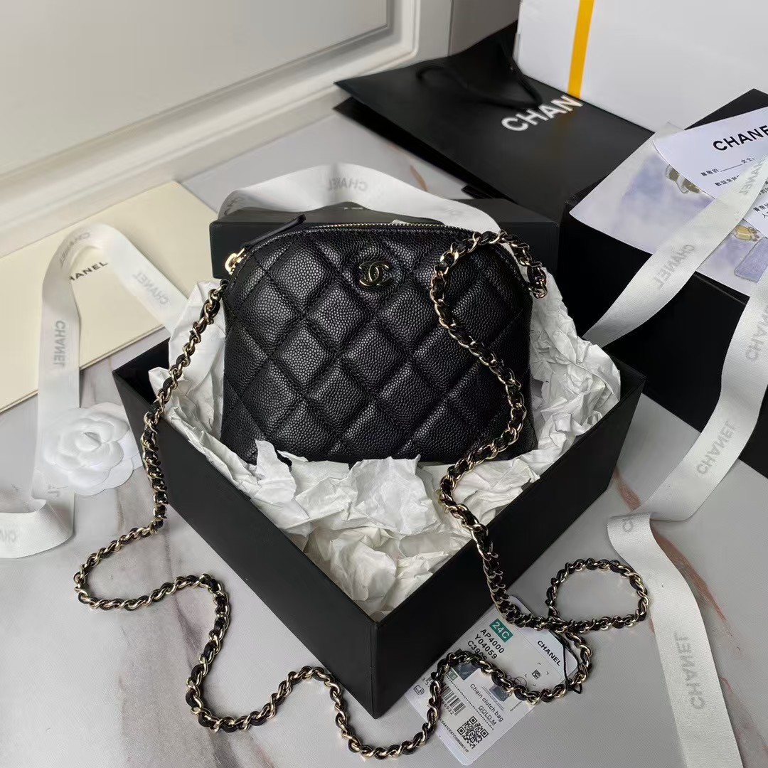 Replicate Chanel 24S AP4000 Mini Clutch With Chain Crossbody Bag Black Caviar Light Gold Hardware(1:1 replica)