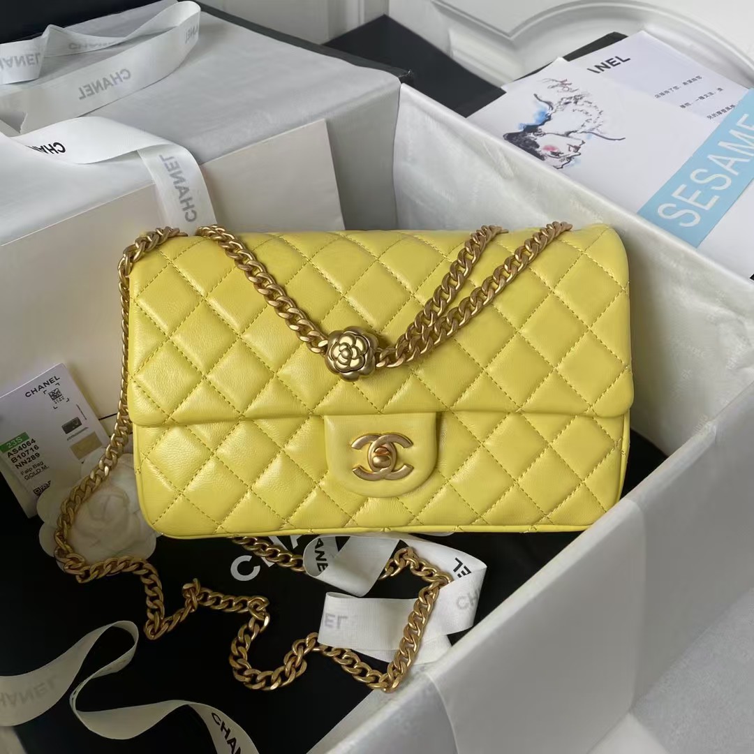 Replicate Chanel 23S AS4064 Camellia Embossed Chain Lambskin Flap Bag Yellow(1:1 replica)