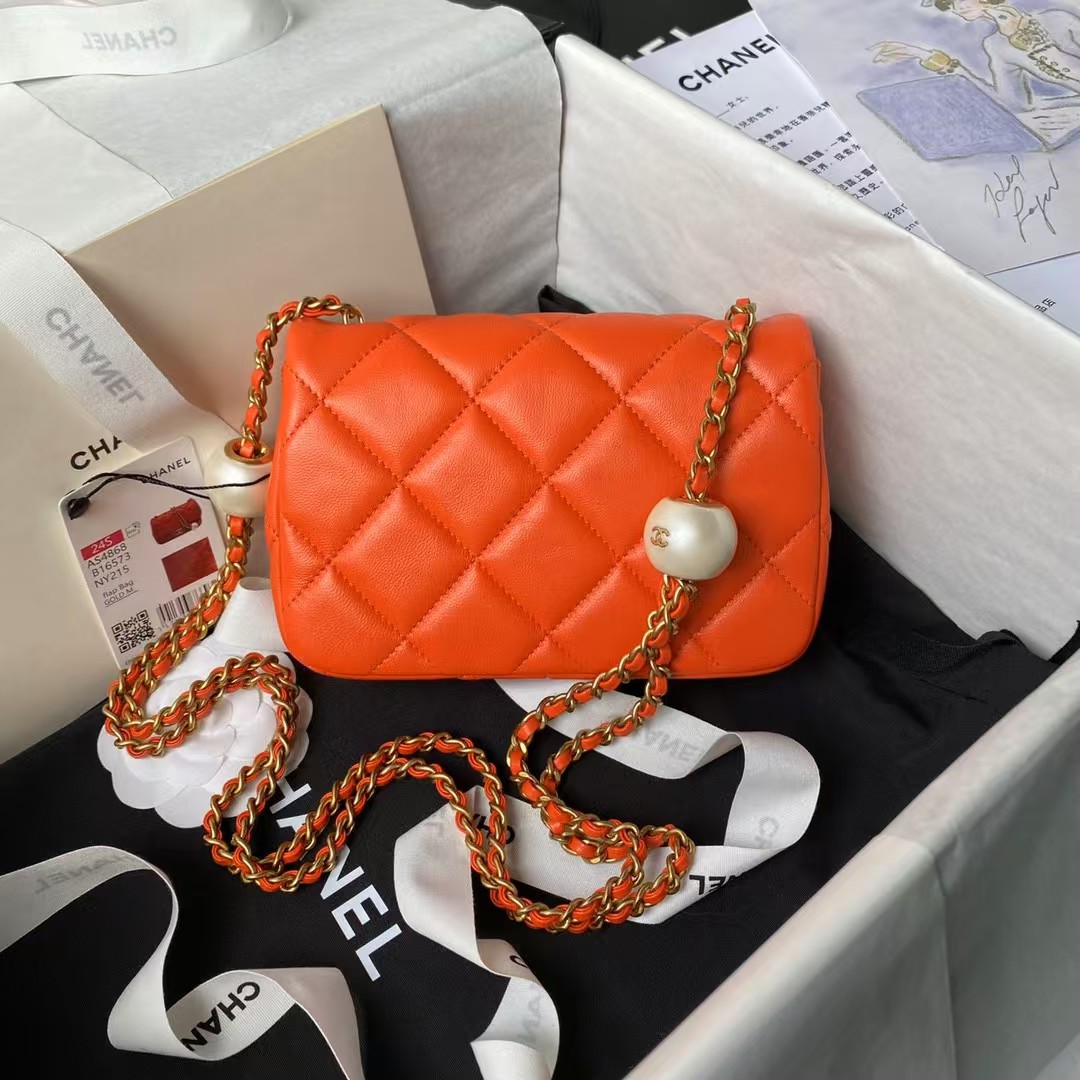 Replicate Chanel AS4868 Mini Flap Bag Pearl Lambskin Faux Pearl   Gold Metal Orange(1:1 replica)