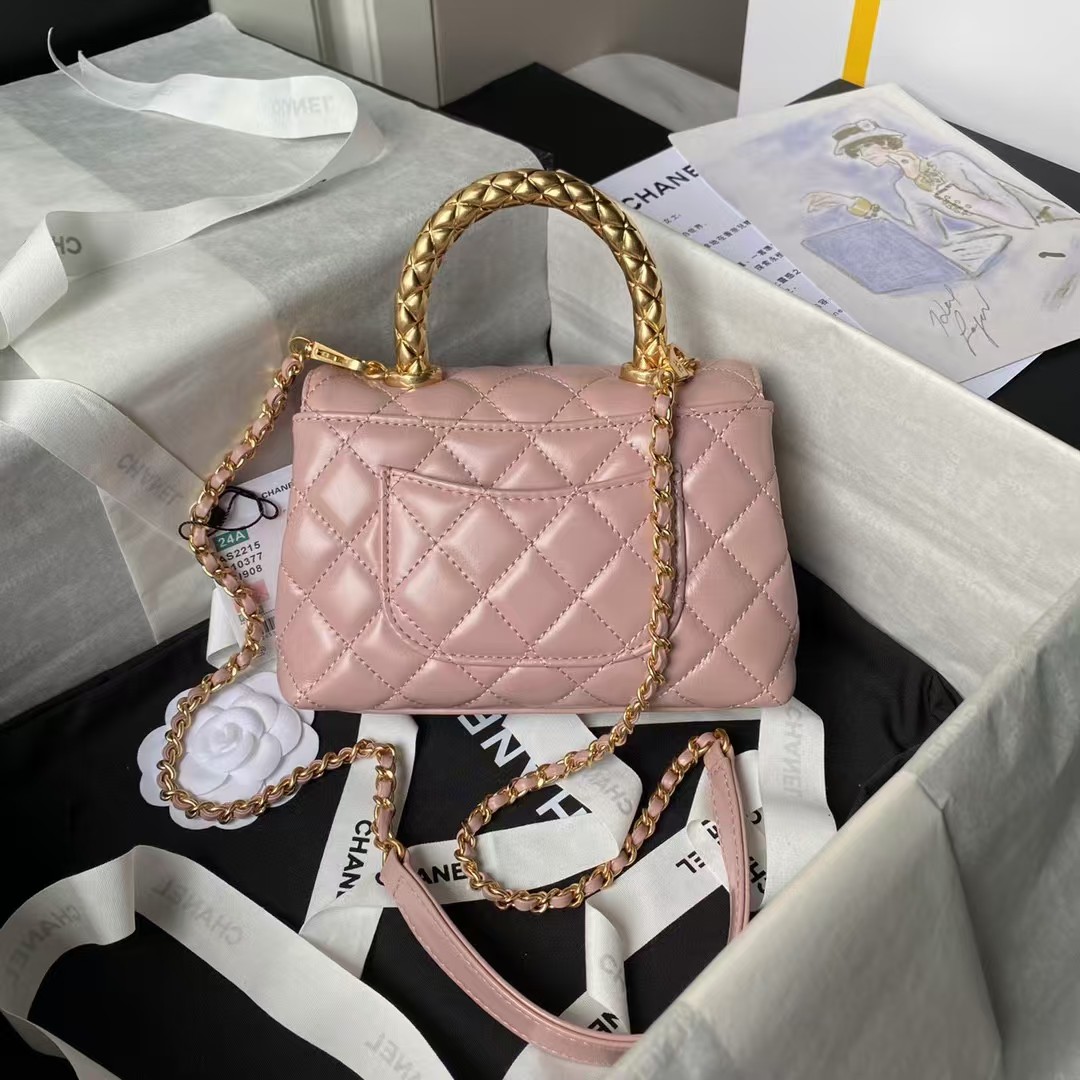 Replicate Chanel AS2215 Mini Flap Bag With Metal Top Handle Shiny Calfskin Pink(1:1 replica)