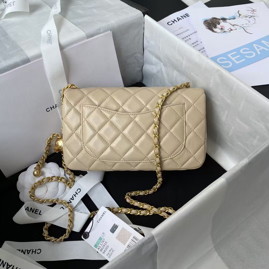 Replicate Chanel 23K AS1787 Mini Pearl Embossed Rectangular Flap Bag Lambskin Brushed Metal Hardware Apricot(1:1 replica)