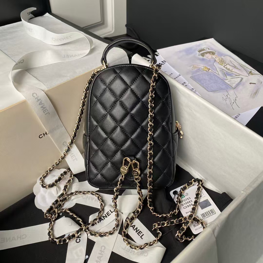 Replicate Chanel 24C AP3573 Mini Backpack Lambskin Gold Metal Black(1:1 replica)