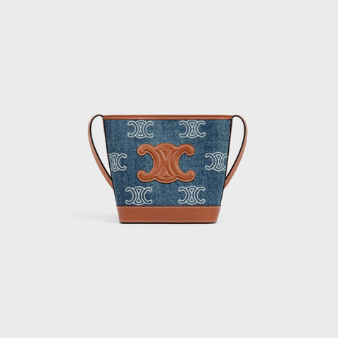 Replicate MINI BUCKET CUIR TRIOMPHE IN DENIM WITH TRIOMPHE ALL-OVER EMBROIDERY AND CALFSKIN(1:1 replica)