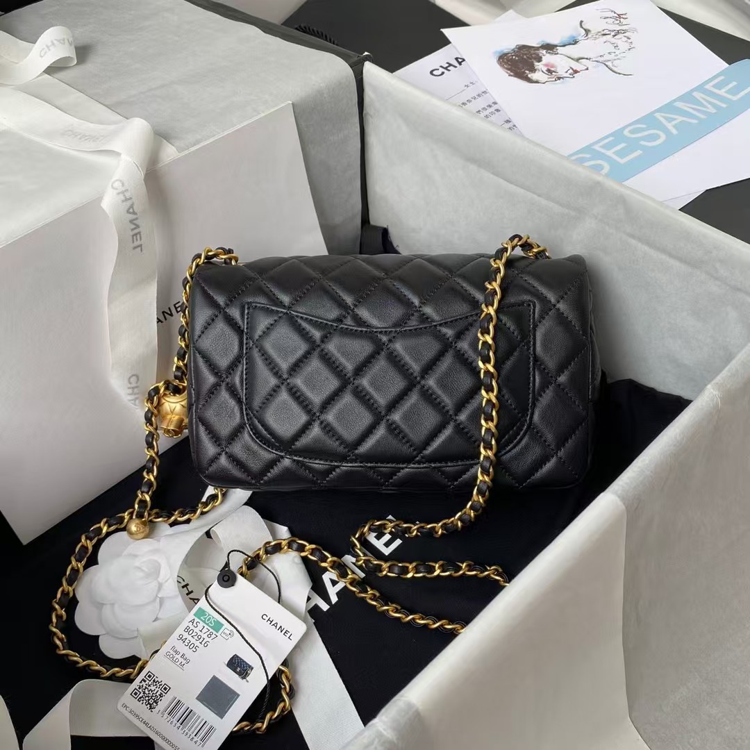 Replicate Chanel 23K AS1787 Mini Pearl Embossed Rectangular Flap Bag Lambskin Brushed Metal Hardware Black(1:1 replica)