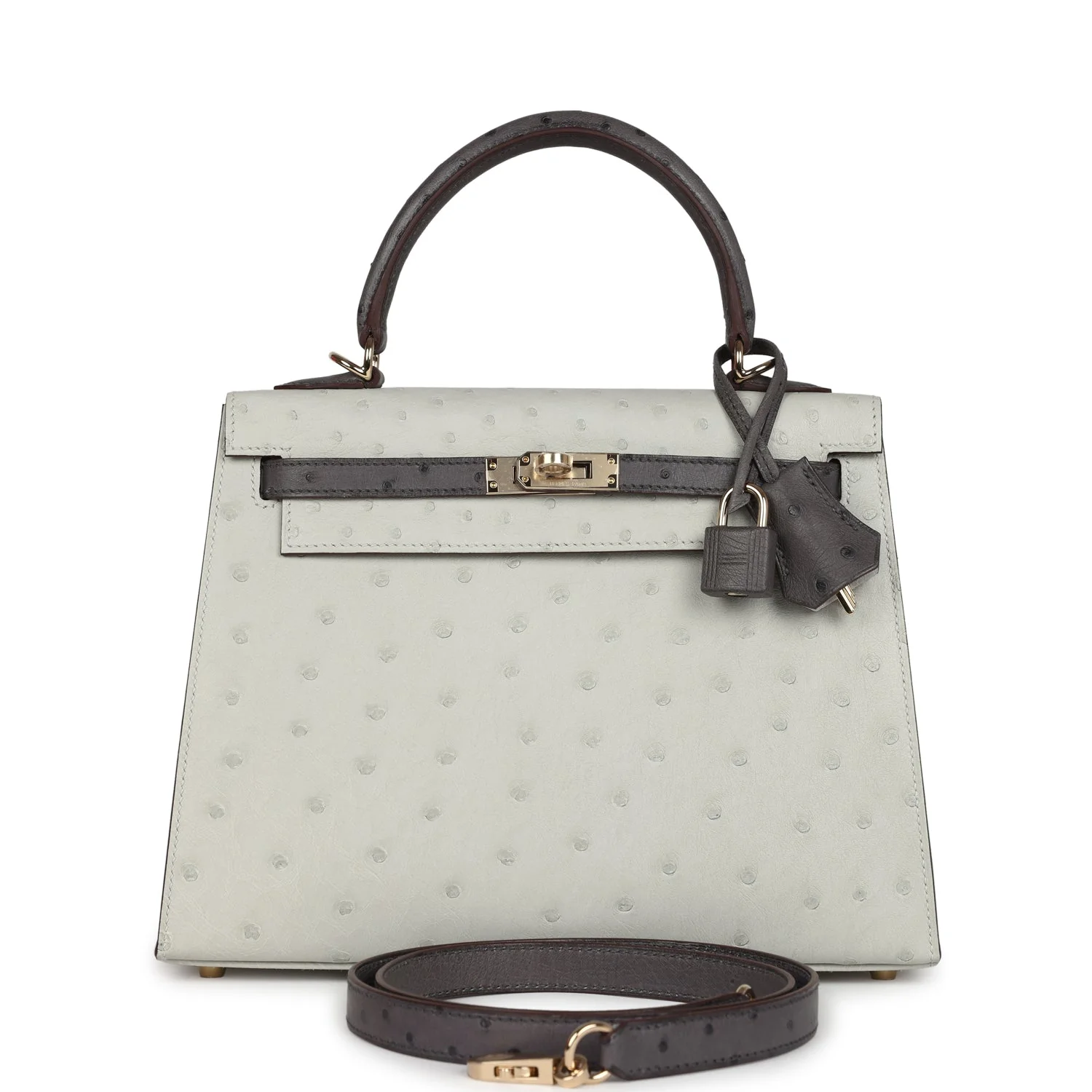 Replicate Hermes Special Order (HSS) Kelly Sellier 25 Gris Perle and Graphite Ostrich Permabrass Hardware(1:1 replica)