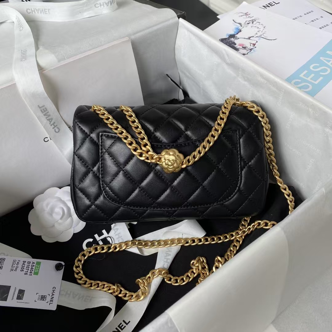 Replicate Chanel 23S AS4041 Mini Camellia Embossed Rectangular Flap Bag Antique Gold Hardware Black(1:1 replica)