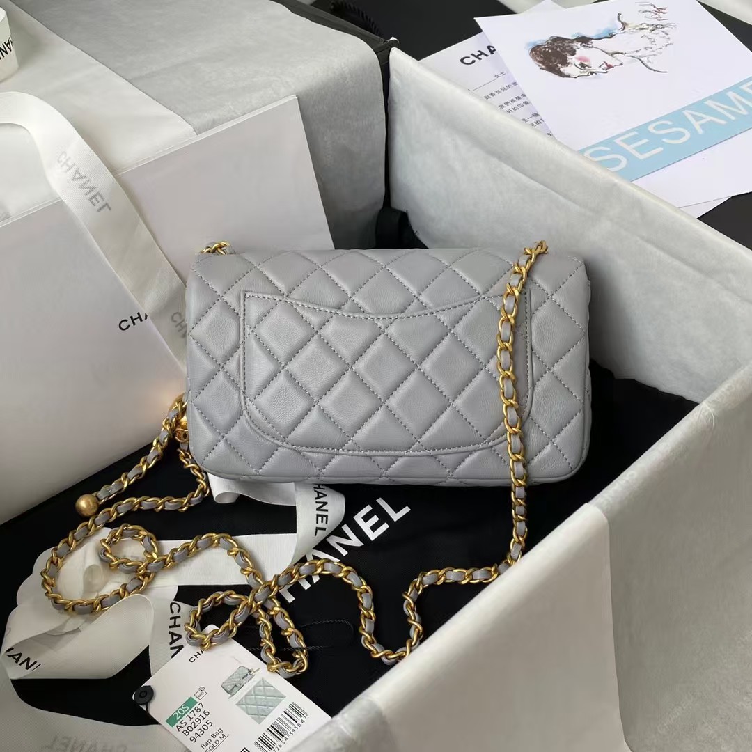Replicate Chanel 23K AS1787 Mini Pearl Embossed Rectangular Flap Bag Lambskin Brushed Metal Hardware Light Grey(1:1 replica)