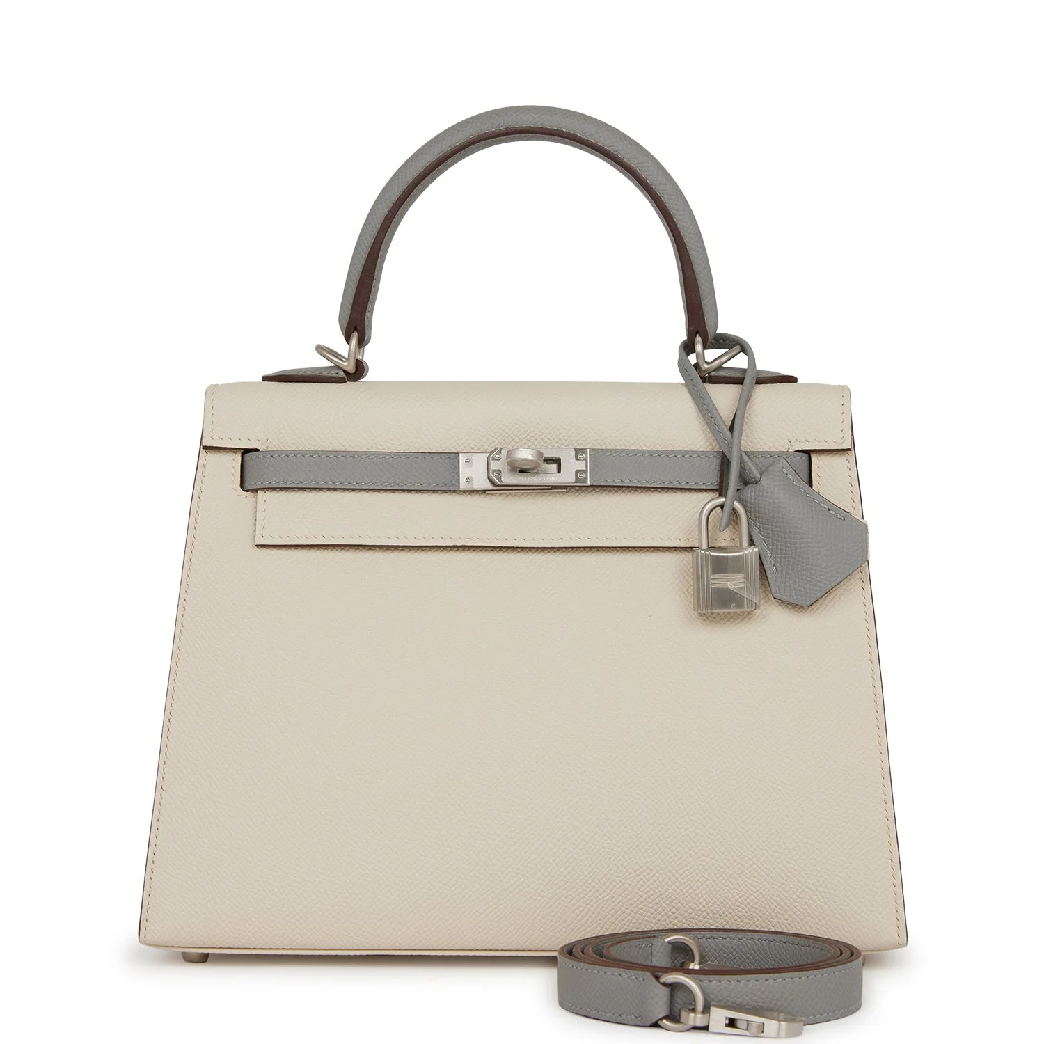Replicate Hermes Special Order (HSS) Kelly Sellier 25 Craie and Gris Mouette Epsom Brushed Palladium Hardware(1:1 replica)