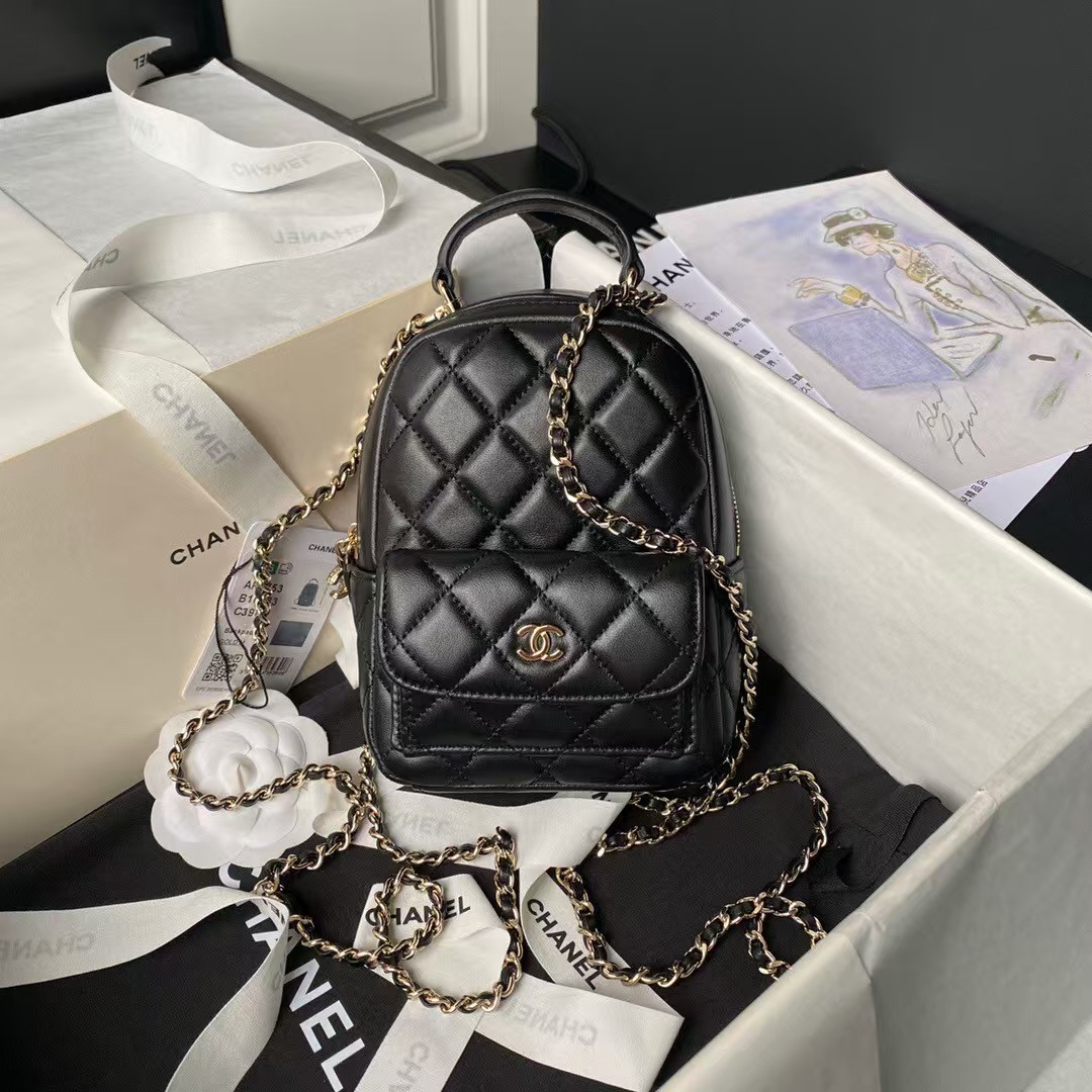 Replicate Chanel 24C AP3573 Mini Backpack Lambskin Gold Metal Black(1:1 replica)