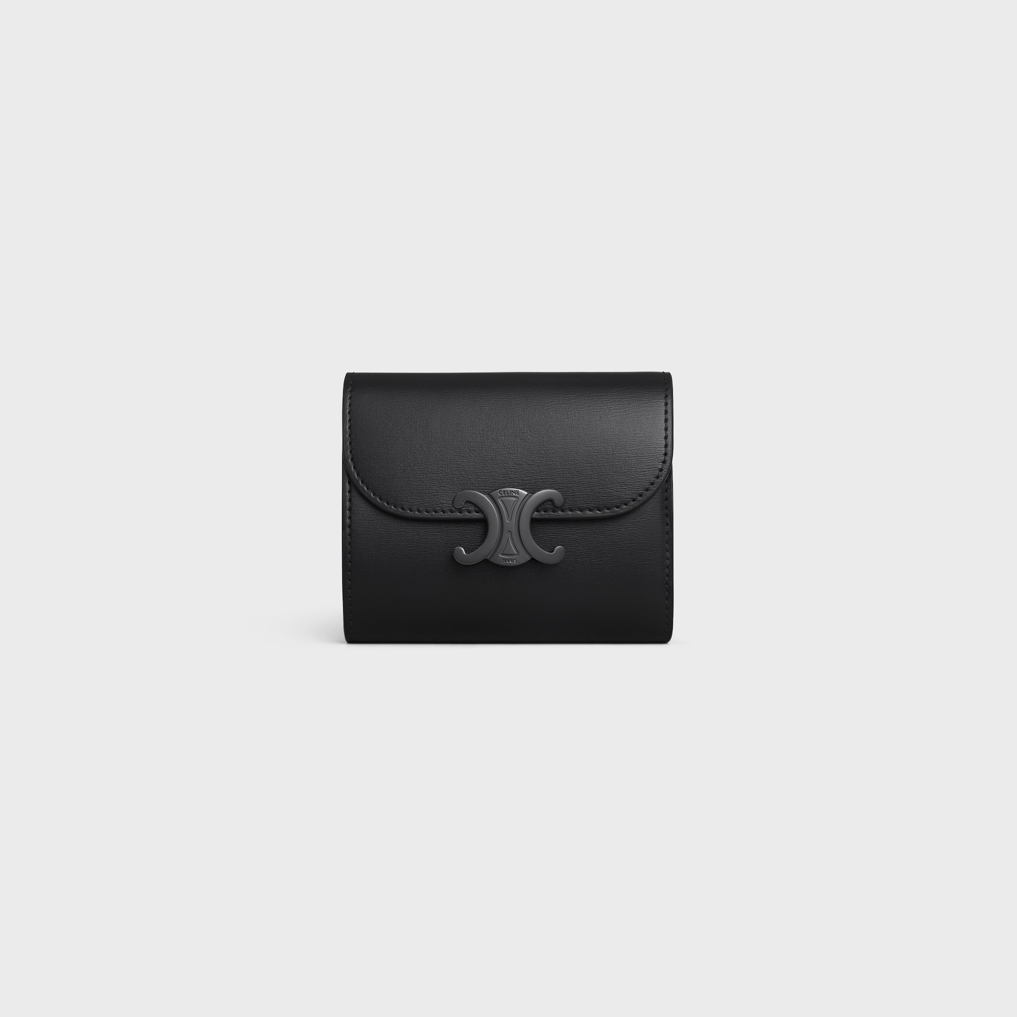 Replicate SMALL FLAP WALLER TRIOMPHE IN SHINY CALFSKIN BLACK / BLACK(1:1 replica)