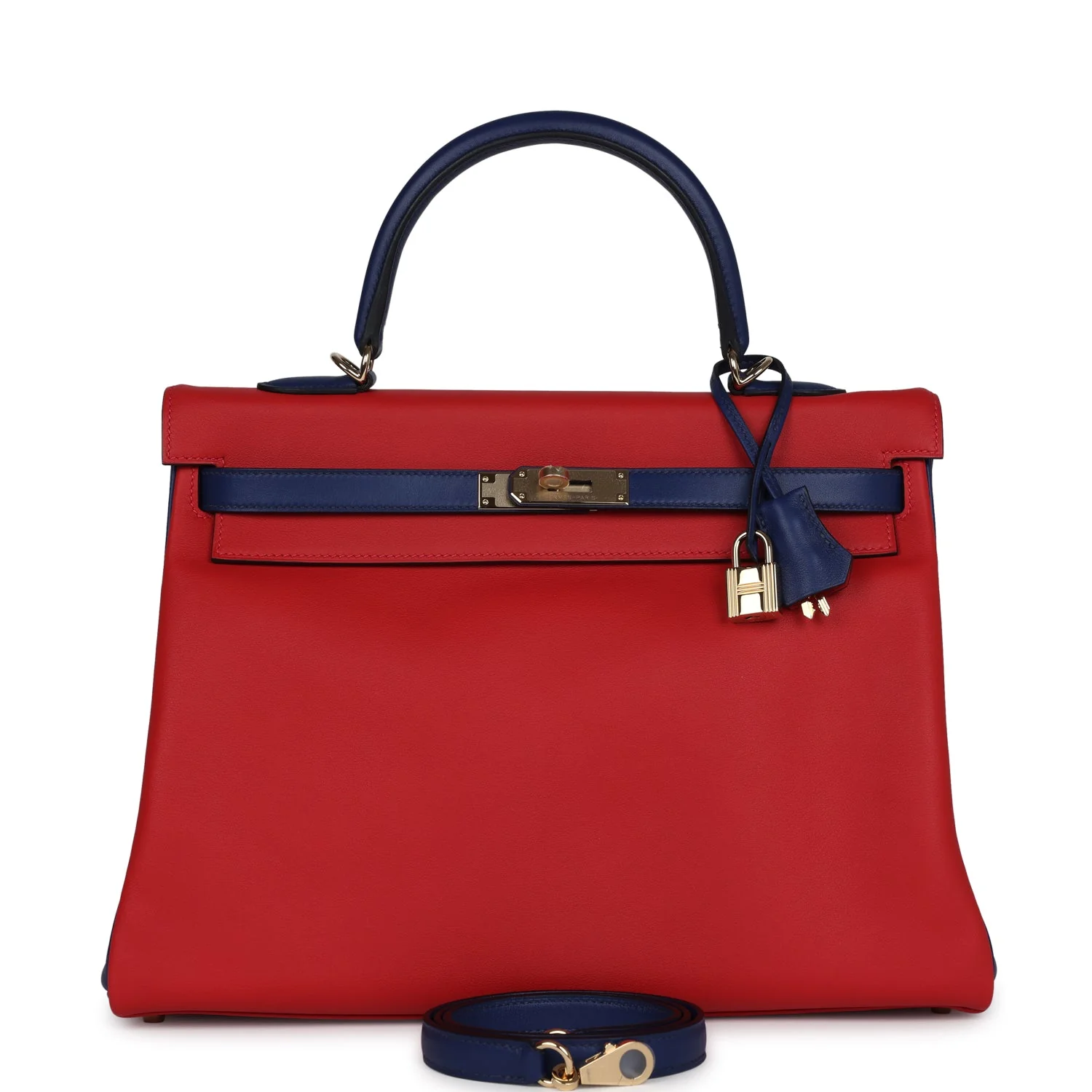 Replicate Hermes Special Order (HSS) Kelly Retourne 35 Vermillon and Bleu Saphir Swift Permabrass Hardware(1:1 replica)