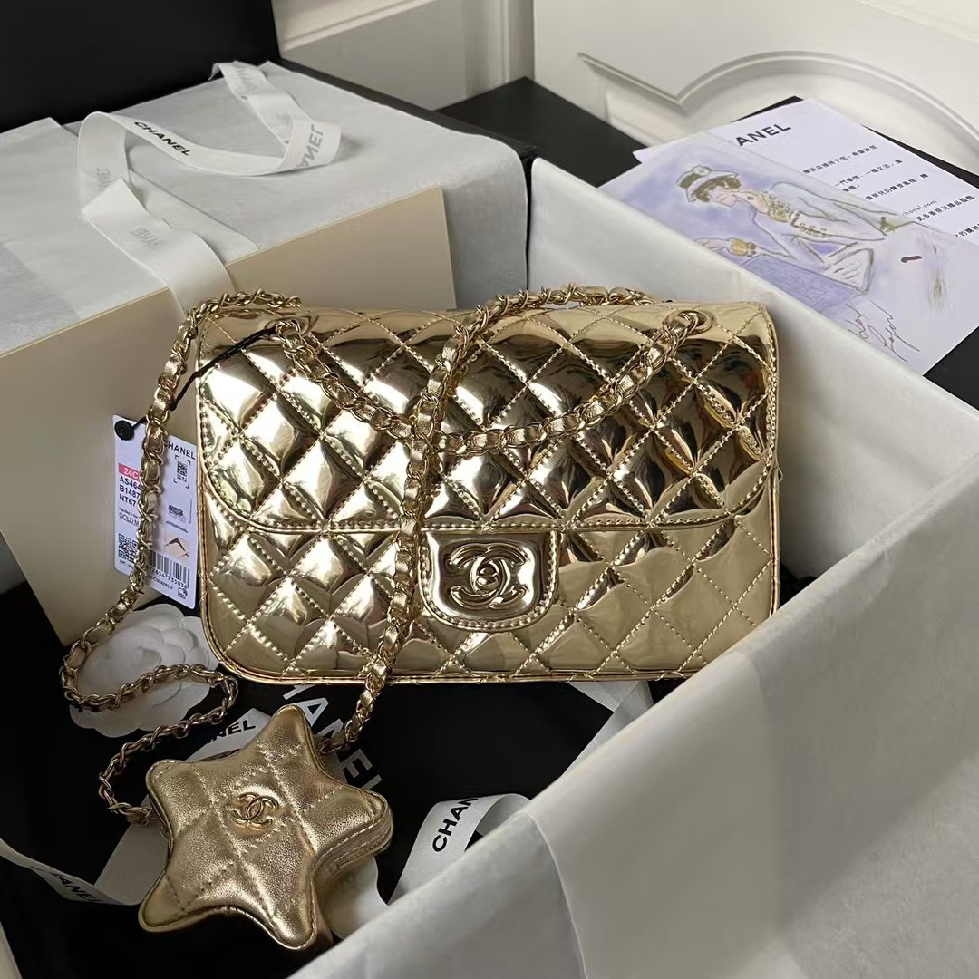 Replicate Chanel AS4648 Flap Bag Star Coin Purse Mirrored Calfskin Metallic Calfskin   Gold Metallic Gold(1:1 replica)