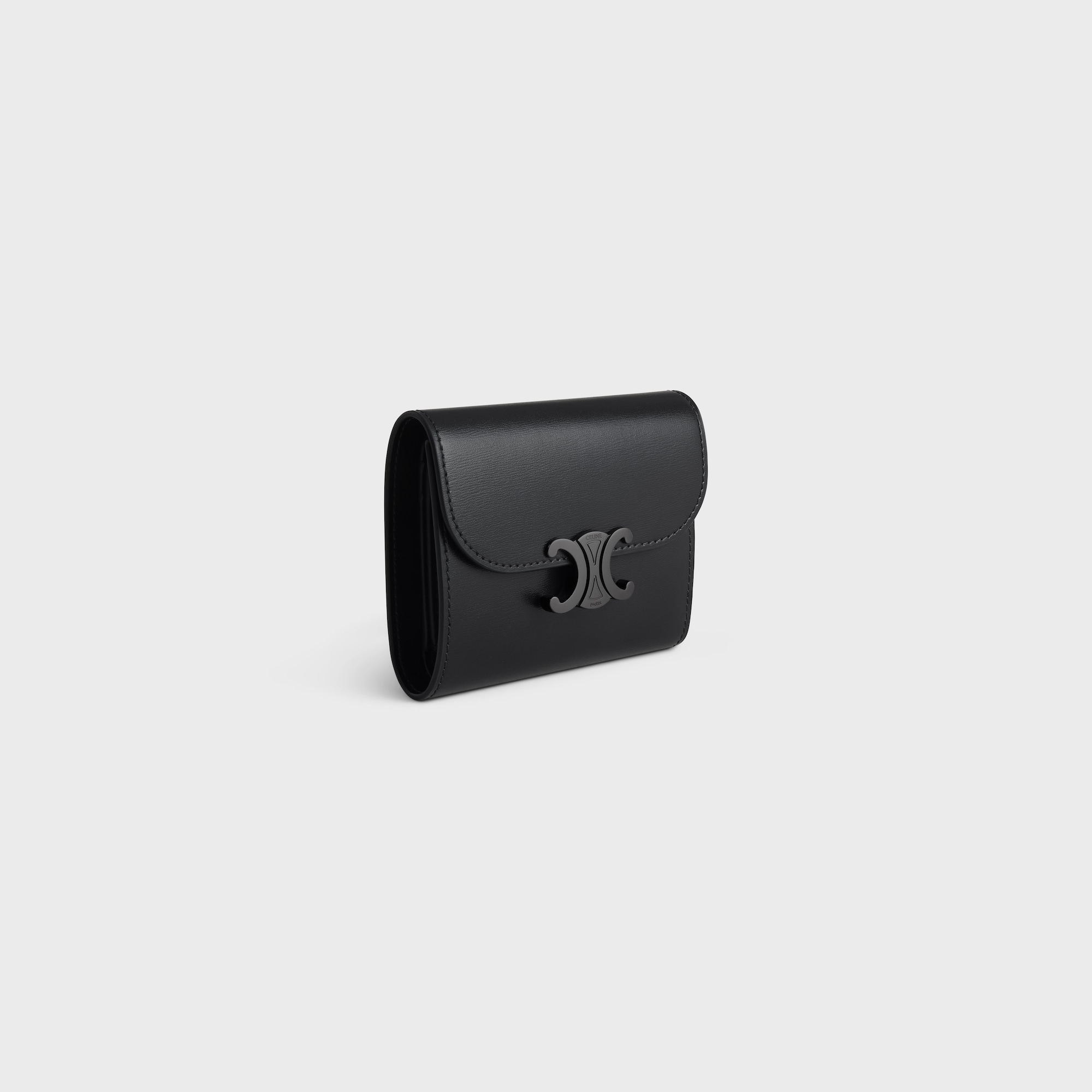 Replicate SMALL FLAP WALLER TRIOMPHE IN SHINY CALFSKIN BLACK / BLACK(1:1 replica)