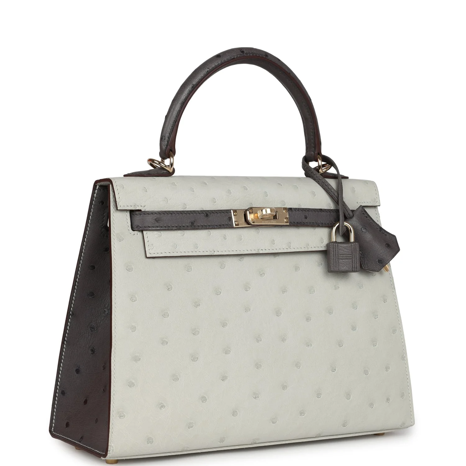 Replicate Hermes Special Order (HSS) Kelly Sellier 25 Gris Perle and Graphite Ostrich Permabrass Hardware(1:1 replica)