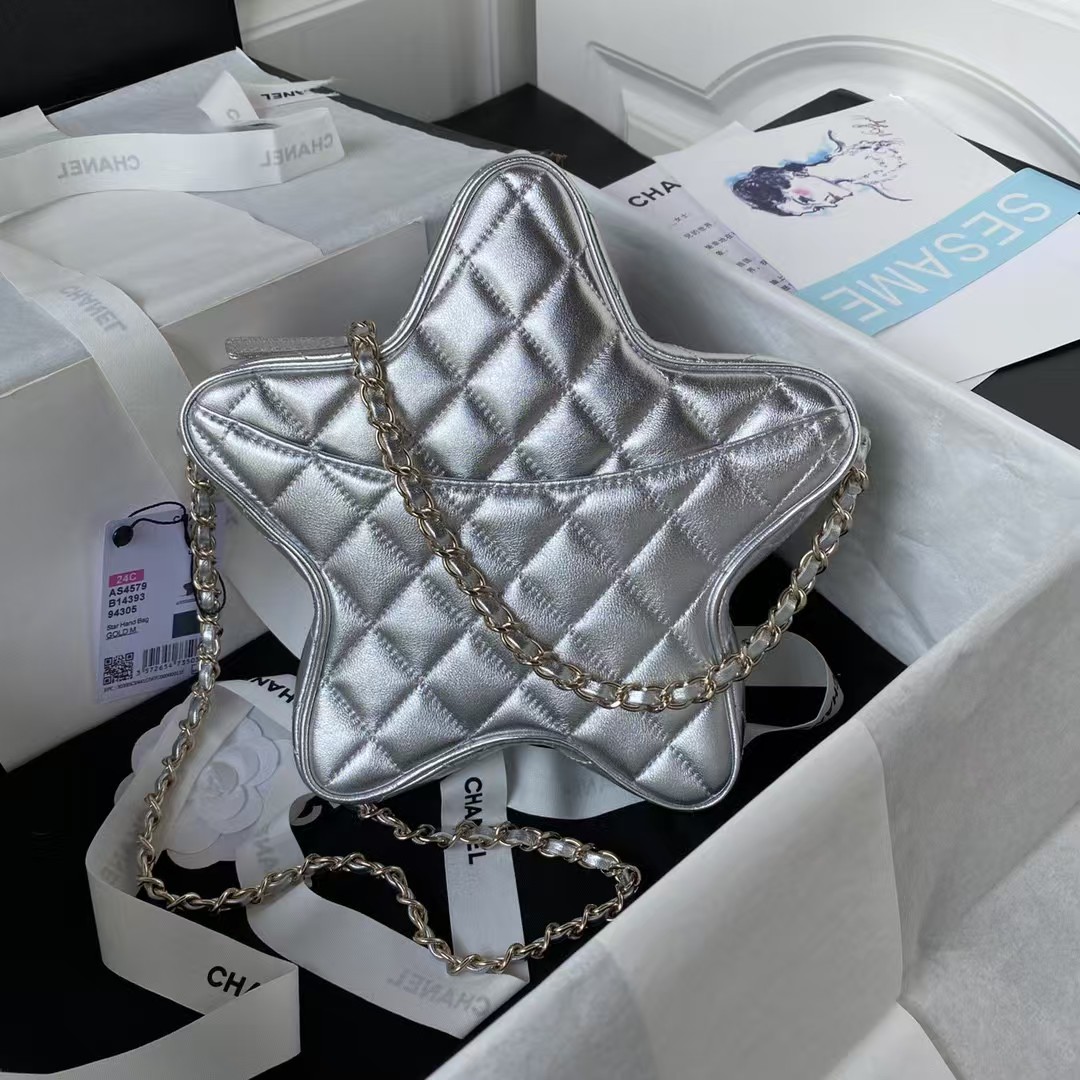 Replicate Chanel 24C AS4579 Star Bag Metallic Silver Lambskin Gold Hardware(1:1 replica)
