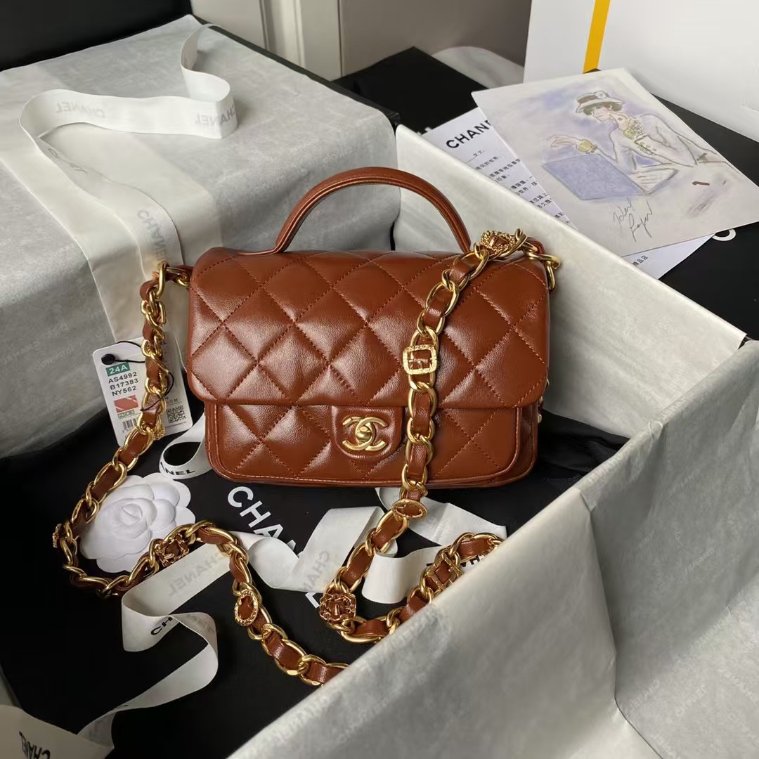 Replicate Chanel 24A AS4992 Mini Shiny Lambskin Flap Bag with Top Handle Brown(1:1 replica)