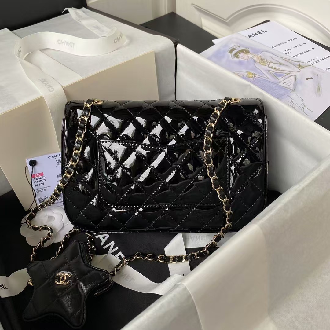 Replicate Chanel AS4648 Flap Bag Star Coin Purse Mirrored Calfskin Metallic Calfskin   Gold Metallic Black(1:1 replica)