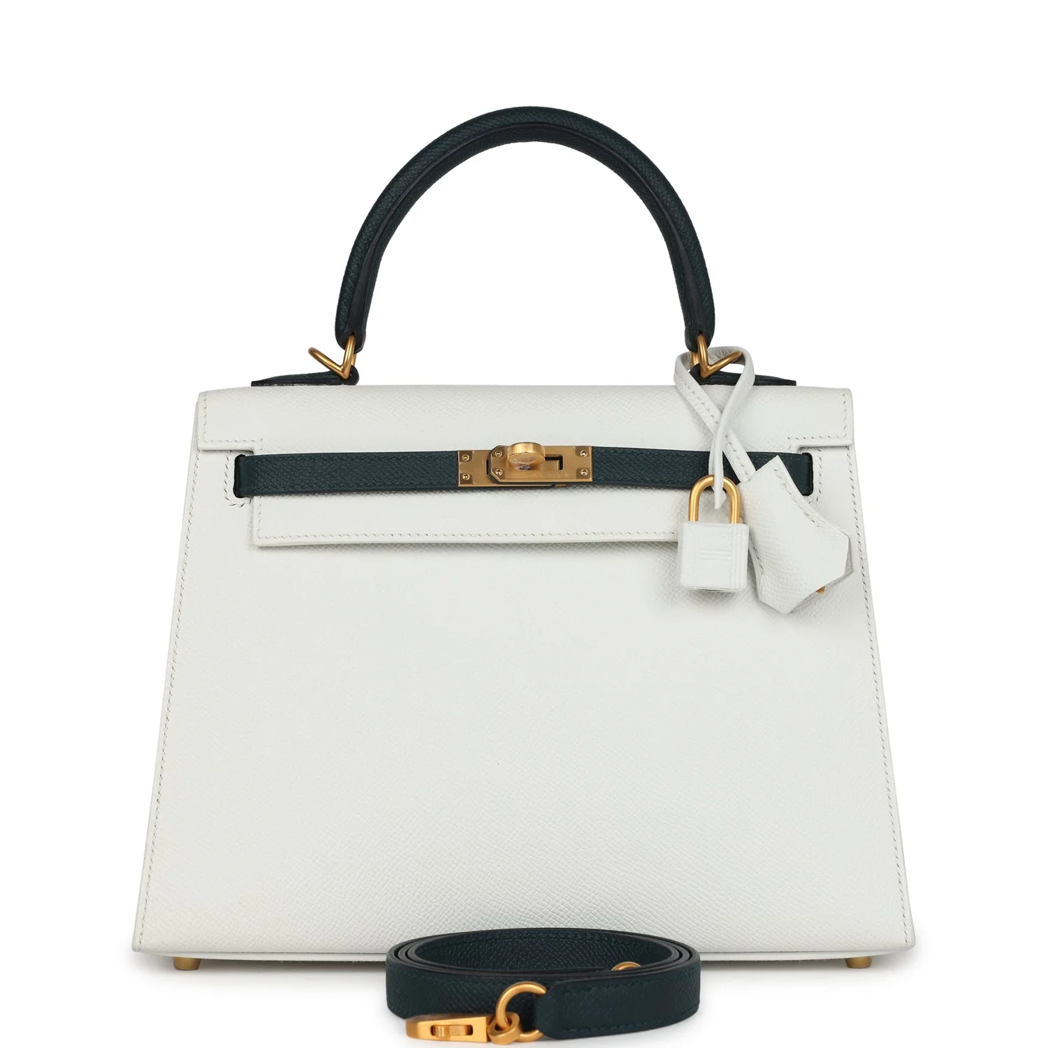 Replicate Hermes Special Order (HSS) Kelly Sellier 25 White and Vert Cypress Epsom Brushed Gold Hardware(1:1 replica)